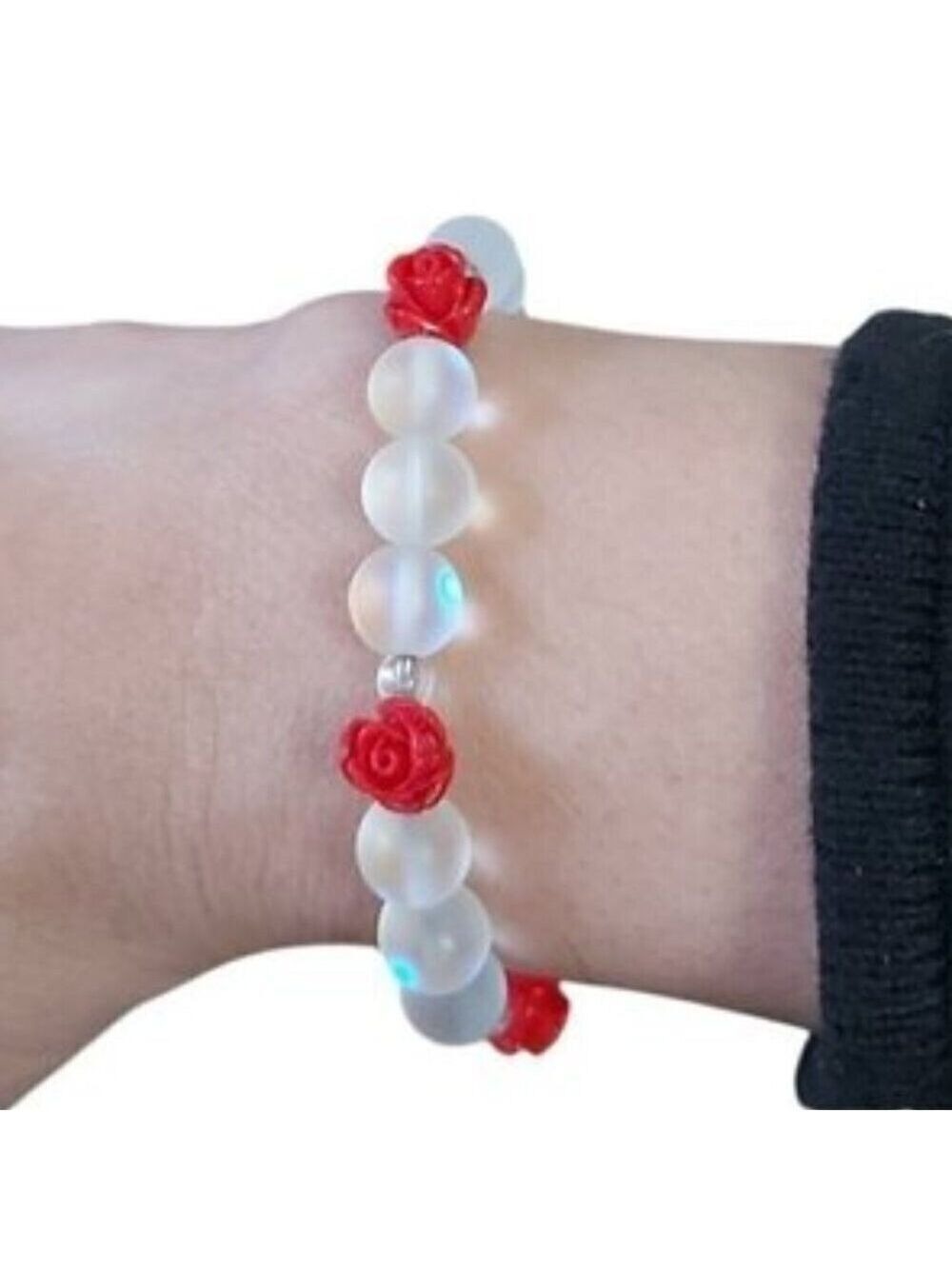 Handmade 7 Inch Rose Buds & Moon Crystal Bead Bracelet | Glass Spacer Slip-On